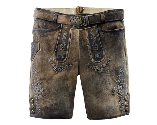 Maddox Trachtenlederhose Hopfensee Herren - Bayerische Lederhose für Oktoberfest - Robuste Trachtenlederhose aus 100% Leder, ideal für festliche Anlässe. Mit Gürtelschlaufen und Knöpfen, bietet sie Komfort und Stil bei jedem Anlass.