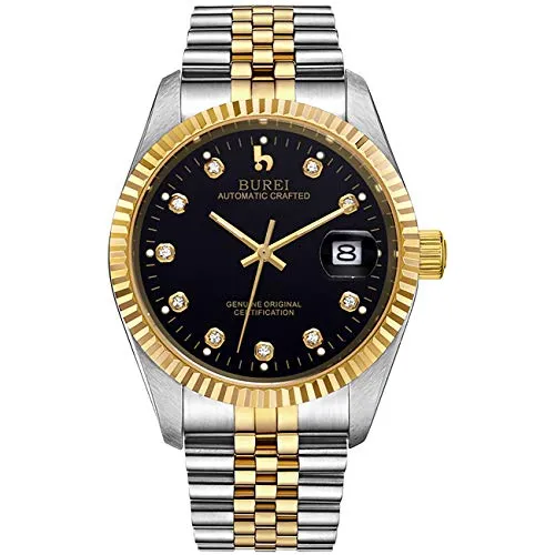 BUREI Herren Automatik Automatikuhr Elegant Lässig Mechanisch Herrenuhr Mit Saphirglas Und Datumskalender Edelstahlarmband (Schwarz-Gold)