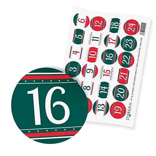 itenga 24x Adventskalenderzahlen I Sticker Aufkleber Klein I Klassisch Mix Grün Rot Weiß I 2,0 cm I ideal zum Basteln von Adventskalendern oder Geschenken I Ziffern von 1 bis 24