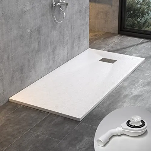 WITEN&NOCK Duschwanne 170x90 cm SMC Brausewanne Weiß Steinoptik Duschtasse Extraflach Anti-Rutsch mit Ablaufgarnitur und Edelstahl-Abflussrinne