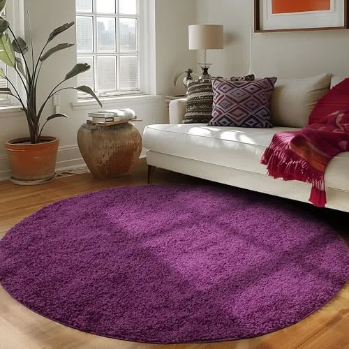 Carpettex Hochflor Teppich 120 cm Rund Violett - Flauschiger Extra Weich und Pflegeleicht - Shaggy Modern Einfarbig Design für Wohnzimmer, Schlafzimmer, Esszimmer und Küche