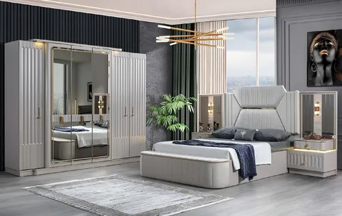Designer Möbel 4tlg. Schlafzimmer Set Bett mit Nachttischen und Kleiderschrank - Vielseitiges Schlafzimmer Set für Jungen, Mädchen und Erwachsene. Mit 15 Regalfächern, 6 Schubladen und stilvoller Beleuchtung. Ideal für modernes Wohnen und optimalen Stauraum.