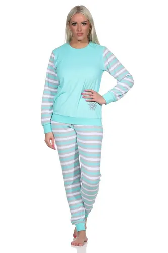 Normann Geringelter Damen Frottee Schlafanzug mit Eiskristall - Mint, Größe 44-46 - Schlafanzüge für Damen, warmer Frottee für kalte Tage, OEKO-TEX zertifiziert, mit einem stilvollen Eiskristall-Design und bequemer Passform für besten Tragekomfort.