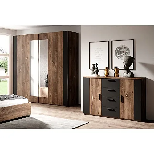 Kleiderschrank mit Kommode Eiche Dunkel Nb. - Modernes Schlafzimmer-Set - Schlafzimmer-Set mit Kommode und Kleiderschrank in dunkler Eiche, inklusive Spiegel und robusten Metallgriffen, ideal für stilvolle und funktionale Einrichtung.