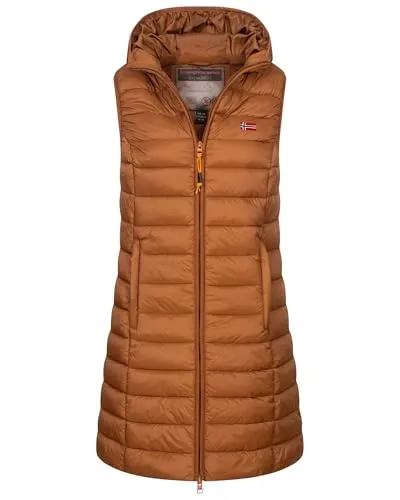 Geographical Norway Damen Steppweste mit Kapuze - Trendige, nachhaltige Steppweste für den Übergang mit robuster Optik. Mit seitlichen Reißverschlusstaschen und stylischem Logo-Patch – ideal für Herbst und Winter.