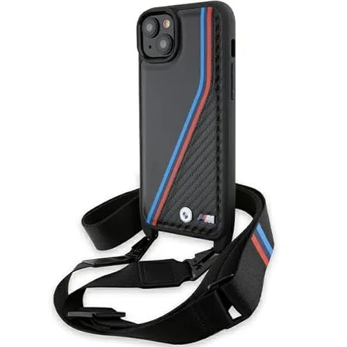 CG Mobile BMW Hülle für iPhone 15/14/13 - M Edition Carbon - Standard Handyhüllen mit einzigartigem Carbon-Design und stylishem Tricolor-Strap für optimalen Schutz und modischen Look.