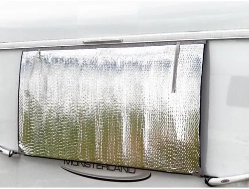 Hindermann Thermomatte für Wohnwagenfenster 130 x 74 cm - Caravan-Zubehör mit optimalem Kälte- und Wärmeschutz, aus langlebiger Thermo-Folie, einfach einzuziehen dank Textilkeder und vielseitig einsetzbar mit Druckknöpfen oder Ösen.