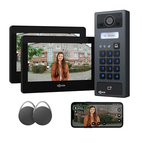 GOLIATH Basic 2-Draht Bus Video-Türsprechanlage, Full-HD, App-Steuerung, 2X 7 Zoll Monitore in Schwarz, RFID & Keypad, 1-Familienhaus, Aufputz, AV-BLS-K-02S