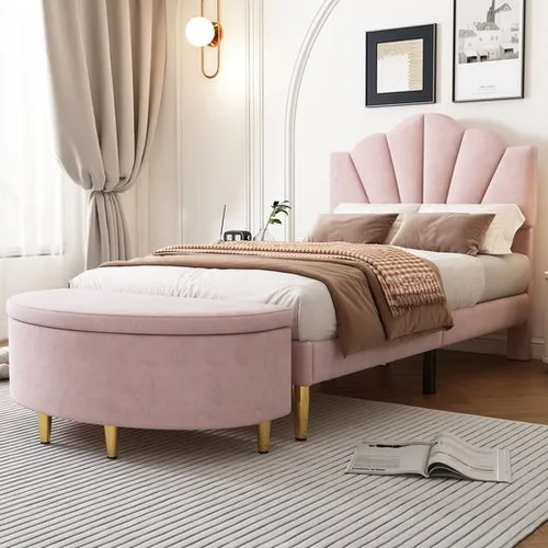 Odikalo Polsterbett Muschel mit Lattenrost und Stauraum in Beige/Rosa - Elegantes Polsterbett mit muschelartigem Kopfteil und goldenen Eisenbeinen. Der weiche Samtstoff sorgt für luxuriösen Schlafkomfort. Verstellbares Kopfteil und stabiler Lattenrost bieten individuelle Anpassung und Haltbarkeit.