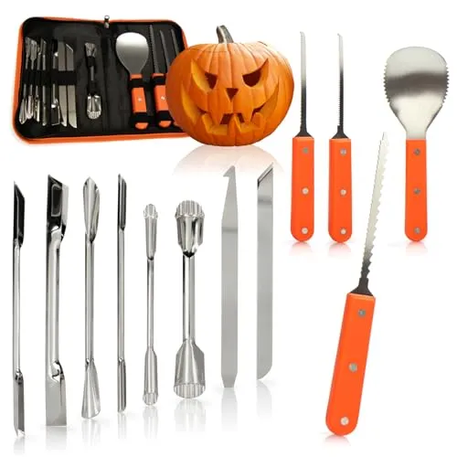 com-four® 12-teiliges Kürbis Schnitz-Set für Halloween - Schneide-Werkzeuge zum Aushöhlen von Kürbissen - Messer, Löffel und Schnitz-Zubehör in Premium-Tasche (Tasche + 12-teilig - orange)
