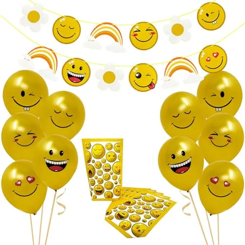 Oblique Unique® Smiley Party Deko Set - Girlande + 10x Ballons + 6X Papiertüten zum Dekorieren für Kindergeburtstag Geburtstag Motto Party Deko