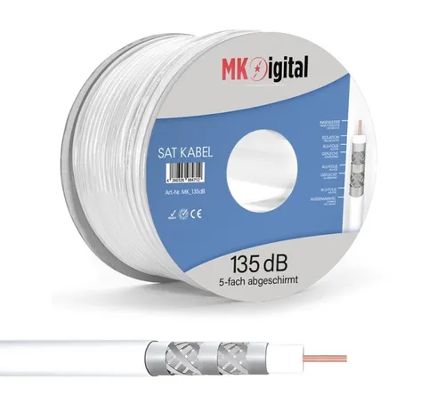 MK-Digital Koax Kabel 135dB - 100m Koaxialkabel für HDTV - HiFi-Kabel, 5-fach geschirmt mit 135dB Schirmungsmaß für optimale Signalqualität. Ideal für DVB-S/S2, DVB-C und DVB-T, perfekt für 4K/8K UHD Fernseher.