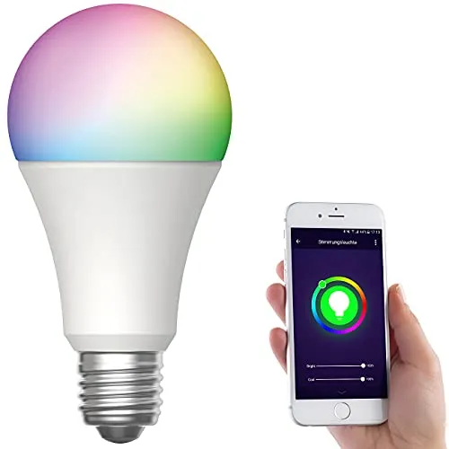 Luminea Home Control WLAN Glühbirne: WLAN-LED-Lampe, E27, RGB-CCT, 9 W (ersetzt 75 W), F, 800 lm, App (Birne, LED-Lampen mit Fernbedienung per Apps, Stimmungslicht)