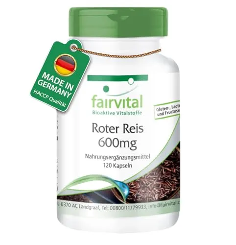 Fairvital Roter Reis Extrakt 600 mg - 120 vegane Kapseln - Pflanzliches Ergänzungsmittel Rote Reishefe, hochdosiert mit 2,95 mg Monacolin K pro Kapsel, vegan und ohne Zusatzstoffe - Made in Germany für höchste Qualität.
