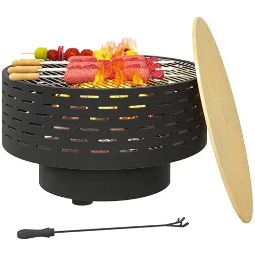 Outsunny 3-in-1 Feuerschale Ø60 cm aus Edelstahl - Vielseitige Feuerstelle, Grill und Tisch in einem, ideal für gemütliche Abende im Freien. Mit sicherem Holzmaserungsdeckel und langlebigem Design für stimmungsvolle Momente.