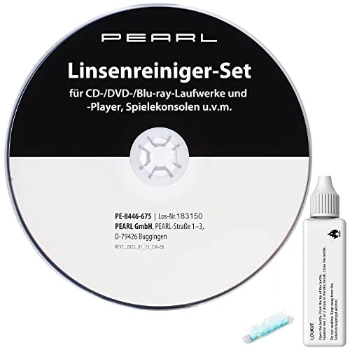PEARL Reinigungs CD: Effektives Linsenreiniger-Set für Laufwerke - CD, DVD & Blu-ray Reinigung - Hochwirksame Reinigungs-Flüssigkeit und 2 antistatische Bürsten für längere Lebensdauer und bessere Leistung Ihrer Geräte.