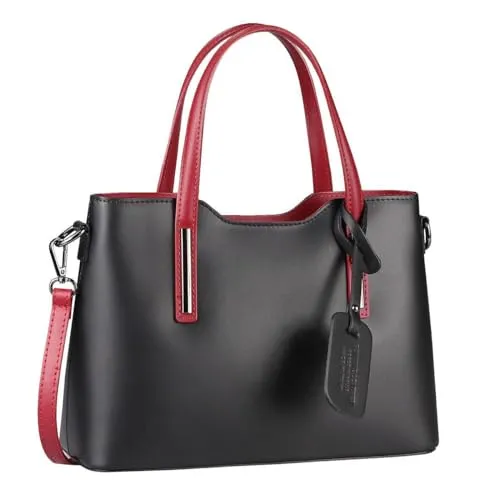 OBC Made IN Italy Damen Echt Leder Tasche Business Shopper Schultertasche Handtasche Ledertasche Umhängetasche Rindsleder Freizeittasche Schwarz-Rot