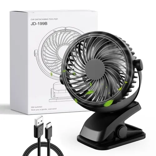 Gaeymy Mini Ventilator Akku mit Clip, USB-C Grow Ventilator Klein, Manuelle Drehung Tisch Ventilatoren Leise mit 3 Geschwindigkeiten, Tragbarer Aufladbar für Auto Camping Growzelt Kinderwagen