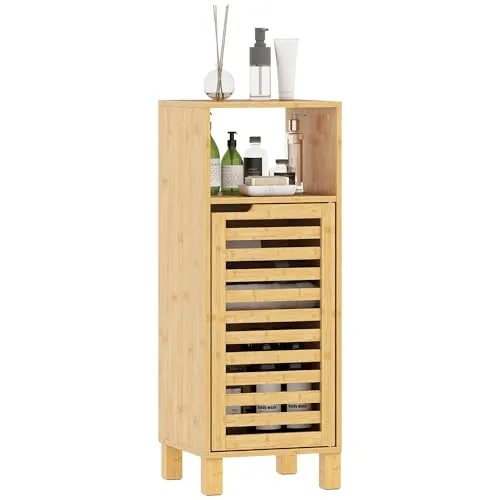 HOMCOM Badezimmerschrank mit verstellbaren Regalen – Schmaler Toilettenschrank aus Bambus - Praktischer Badezimmerschrank mit offenem Fach und verstellbarem Einlegeboden. Ideal für kleine Räume, robust aus nachhaltigem Bambus gefertigt und mit rutschfesten Fußpolstern für sicheren Stand.