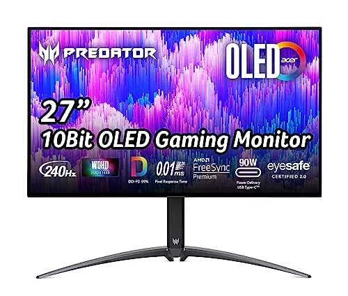 Acer Predator X27U - 26,5 Zoll OLED Gaming Monitor - Gaming Monitor in WQHD mit 240 Hz, HDR10 und 0,03 ms Reaktionszeit für flüssiges Gameplay. Ideal für Gamer, die höchste Bildqualität und schnelle Reaktionszeiten verlangen.