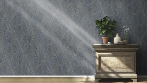 Rasch Vliestapete Rauten Dreiecke Linien Dunkelbau Gold in blau von Rasch