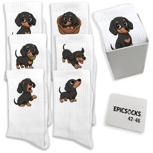 epicsocks Dackelfreude Socken 42-46 für Hundefreunde - 6er Set witzige Socken mit Dackelmotiven, ideal für Tierliebhaber. Aus hochwertiger Baumwolle und Polyester gefertigt, bieten sie hohen Tragekomfort und sind ein perfektes Geschenk für jeden Anlass.