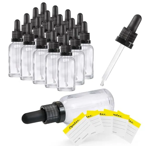 Oputec 20 x 30ml Pipettenflasche aus Klarglas mit Glaspipette + 20 Etiketten– Apothekerflasche für Aromatherapie, ätherische Öle, Kosmetik, Tropfflasche für pharmazeutische Anwendungen und Labor