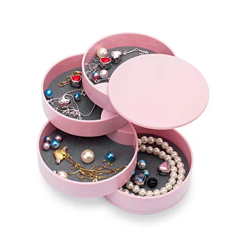 HengLiSam Schmuck Organizer, Kleine Schmuckschatulle Ohrringhalter für Frauen, Schmuck Aufbewahrungsbox 4-lagig Drehbar Schmuck Zubehör Ablageschale mit Deckel für Ringe Armbänder (Rosa)