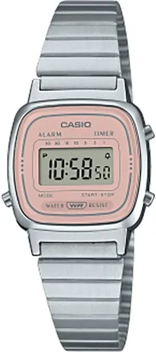 Casio Vintage Damen Digital Quarz Edelstahl Armbanduhr LA670 - Elegante Damen-Armbanduhr mit digitaler Anzeige, hochwertigem Edelstahl und einem zarten rosa Zifferblatt – der perfekte Begleiter für jeden Anlass.