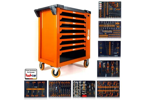 Toolcar Werkzeugwagen 8 Schubladen mit 279-tlg. Werkzeugset - Orange - Praktischer Werkstattwagen mit 8 vollausziehbaren Schubladen und hochwertigem Werkzeugset. Stabil und mobil, ideal für den professionellen Einsatz. Inklusive ergonomischem Schiebegriff und abschließbarem System.