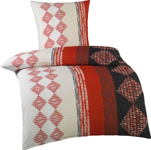 Seersucker Bettwäsche 135x200 +80x80 cm, rot schwarz weiß Karo/Streifen, bügelfrei