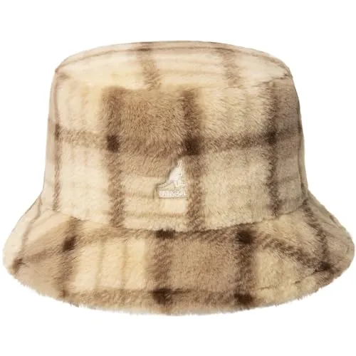 Kangol Multi Plaid Faux Fur Bucket Stoffhut Fischerhut Anglerhut Karohut Damen - mit Futter Herbst-Winter Herbst Winter - XL (60-61 cm) beige