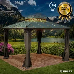 Alu Pavillon PAGODE 3,5x3,5m dunkelgrau mit Moskitonetz und LED-Beleuchtung - Robuster Pavillon aus pulverbeschichtetem Aluminium mit wasserdichtem Hardtop und integrierter LED-Beleuchtung für stimmungsvolle Abende im Garten.