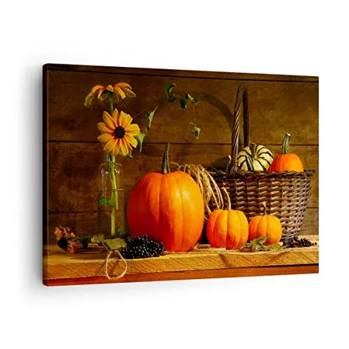 Bilder auf Leinwand Herbst Folk Tradition Kürbisse Leinwandbild 70x50cm Wandbilder Dekoration Wohnzimmer Schlafzimmer Küche Deko Klein Wanddeko Bild Wand Kunstdruck Art Wall Decor Canvas AA70x50-1542