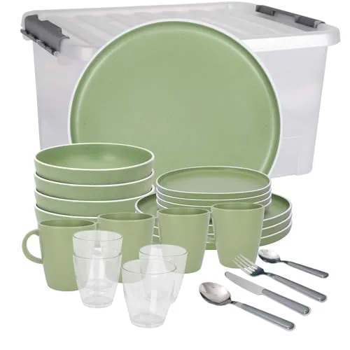 BRUNNER Melamin Geschirr-Set Camping | 36-teilig für 2-4 Personen - Stapelbar und kratzfest - Hochwertiges Melamin Geschirr-Set für Camping, Picknick oder Grillen. Kratzfest, hitze- und feuchtigkeitsbeständig. Inklusive Anti-Slip-Ringen für sicheren Transport und Stabilität.