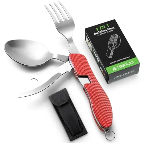 Hikenture Campingbesteck 4-In-1 Messer Gabel Löffel Flaschenöffner Set aus Edelstahl mit Gürteltasche