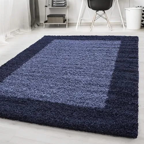 Carpetsale24 Hochflor Teppich Shaggy mit Bordüre 80x150 cm Marineblau, 2-farbig, flauschig & weich, modernes Design, rechteckig, ideal für Flur oder Kinderzimmer