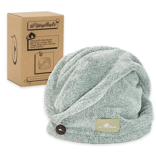 myHomeBody Haartuch-Wickeltuch, luxuriöser, schnelltrocknender Turban, ultraweiche, saugfähige Kappe aus Kohlefaser, mit Kokosnussschalenknopf – Pine Green
