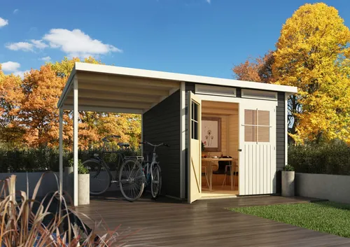 Gartenhaus Blockhaus Pultdach Glücksburg 4 grau 430x217 cm - Gartenhaus mit 5,07 m² Nutzfläche und 19 mm Wandstärke. Ideal für Gartenliebhaber, die zusätzlichen Stauraum suchen. Hergestellt in Deutschland mit 5 Jahren Garantie.
