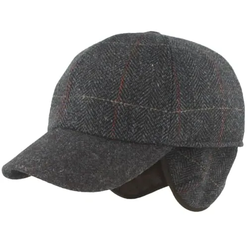 Breiter Winter Baseballcap Schirmmütze Baseball Kappe ausklappbarem Ohrenschutz Basecap aus Wolle - Blau Fischgrät Karo 63