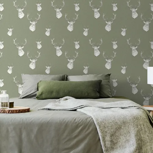 Stag Kopf Tapete 165515 Salbei Strukturierter Stoff Catherine Lansfield Muriva