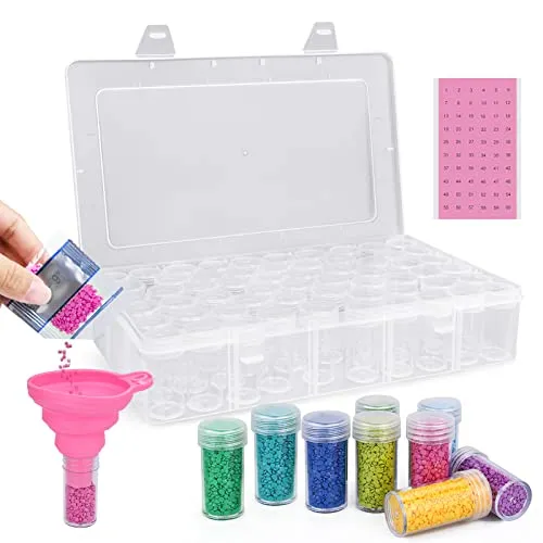Diamond Painting Aufbewahrungsbox,60 Runde Kunststoff Dosen Diamant Stickerei Box,Perlen Nagel Kunst Aufbewahrung Behälter Malerei Zubehör DIY Basteln Schmuck Strass mit Stickers und Trichtern