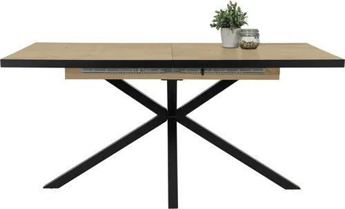 Esstisch HELA, schwarz - Ausziehbar von 160 cm auf 200 cm - Moderner Esstisch aus Artisan Eiche und schwarzem Gestell, ideal für flexible Essbereiche. Pflegeleicht und einfach zu montieren, perfekt für Familien und gesellige Runden.