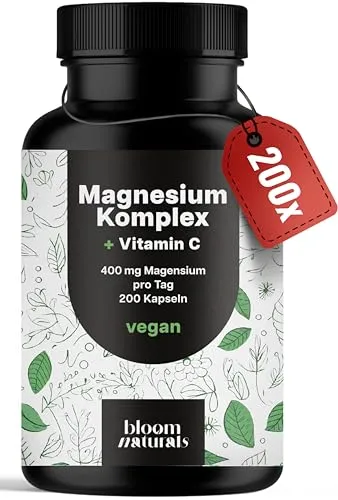 Magnesium Komplex hochdosiert - 200 Kapseln - 400 mg Magnesium pro Tag + Vitamin C, mit Bisglycinat, Citrat, Oxid, L-Ascorbat, Malat, vegan & produziert in Deutschland