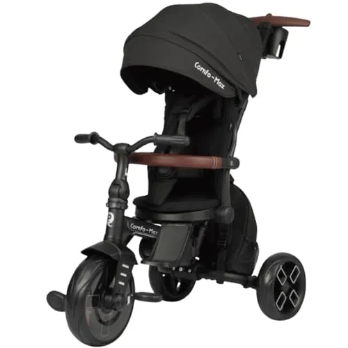 Qplay Comfo Max Evolutionäres Dreirad, 6-in-1, Schwarz, Dreirad für Babys, 1 Jahr, faltbar, aus Aluminium, mit 360°-Sitz, neigbar und Verdeck, für Babys von 10 bis 72 Monaten, Schwarz