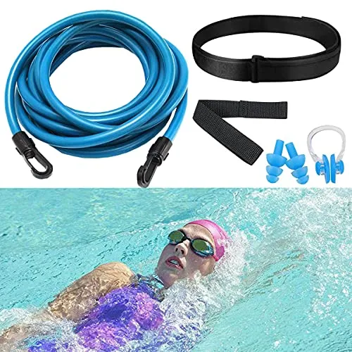 BINXWA Schwimmgurt Für Pool Erwachsene, Einstellbare schwimmtrainer Pool Schwimmgürtel, 4m Pool schwimmgurt gegenschwimm, für pooltrainer/Erwachsene(Inklusive ohrstöpsel und nasenklammer)