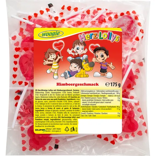 Woogie Herzlollys Lutscher Himbeergeschmack 175g Packung