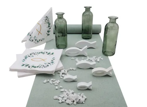 ZauberDeko Tischdecke für Kommunion & Konfirmation - Festliches Tischdeko-Set für 20 Personen mit eleganten Salbei-Elementen, inklusive 3 m Deko-Tischband, Motivservietten und stilvollen Glasvasen für eine unvergessliche Feier.