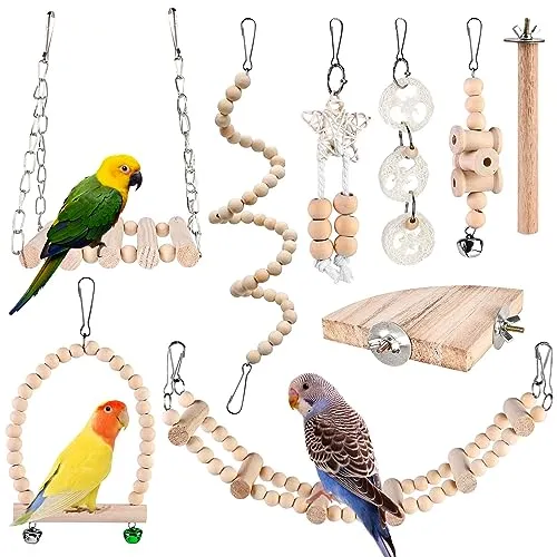 Stück Vogelspielzeug - Papageienspielzeug, Vogelkäfig Schaukelspielzeug, Kauspielzeug Vögel Spielzeug, Vogelkäfig Zubehör, Holz Sitzstangen Plattform für Wellensittich,Nymphensittiche,Aras,Finken 9