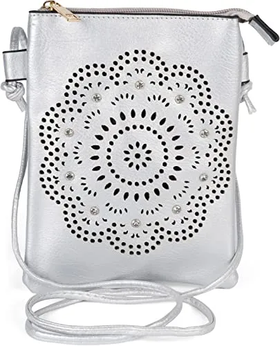 styleBREAKER Damen Mini Umhängetasche mit Blumen Lasercut Cutout Muster und Strass | kleine Crossbody Bag Schultertasche Handytasche 14,5 x 19 cm, Farbe:Silber